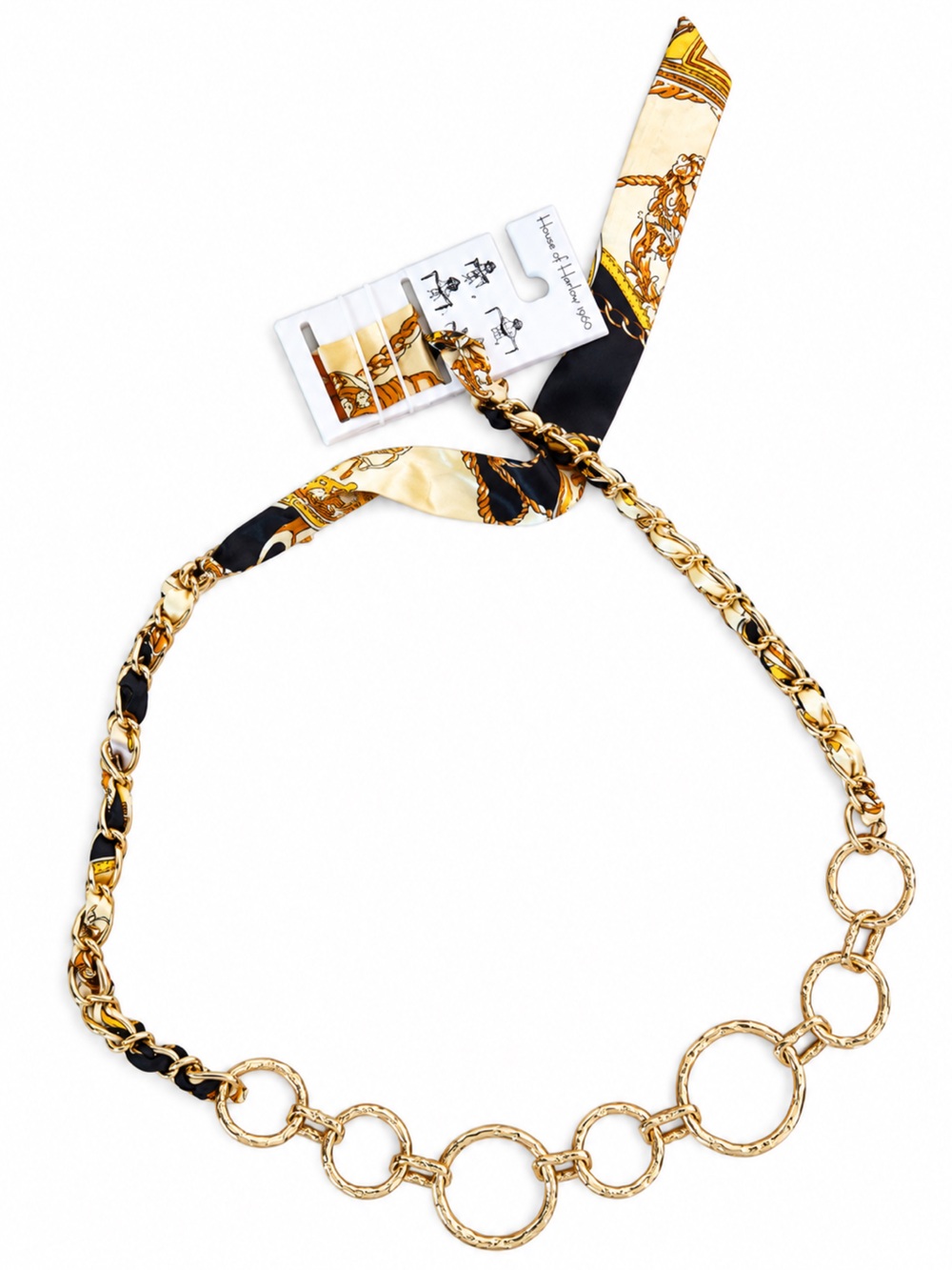 Haute Hippie Gold Chain Belt with Black & Cream Scarf Accent